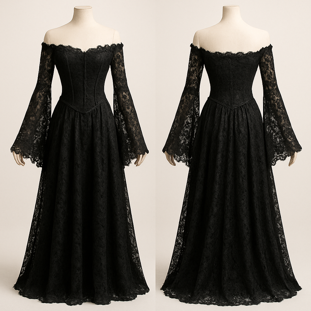 A black lace dress, corset top with off the shoulder long sleeves covering the hands as they flare out at the ends, the skirt part flows down to the feet.
A black lace dress, corset top with off the shoulder long sleeves covering the hands as they flare out at the ends, the skirt part flows down to the feet., formal style, show front and back