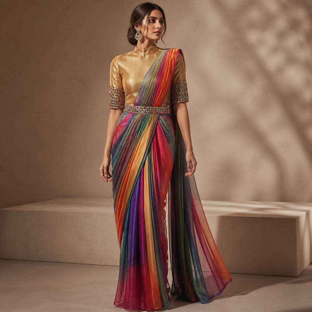 photorealistic fashion design, photorealistic fashion design, black super stylish stretchable blouse with multicolour saree pleated on the shoulder and stylishly pleated from the waist with nice flow and give saree belt in multicoloured stones. Design with modest coverage., just the design no text. Refinement: Give thick stone work border on the sleeve , just the design no text. Refinement: Change blouse colour to golden
photorealistic fashion design, photorealistic fashion design, photorealistic fashion design, black super stylish stretchable blouse with multicolour saree pleated on the shoulder and stylishly pleated from the waist with nice flow and give saree belt in multicoloured stones. Design with modest coverage., just the design no text. Refinement: Give thick stone work border on the sleeve , just the design no text. Refinement: Change blouse colour to golden , just the design no text