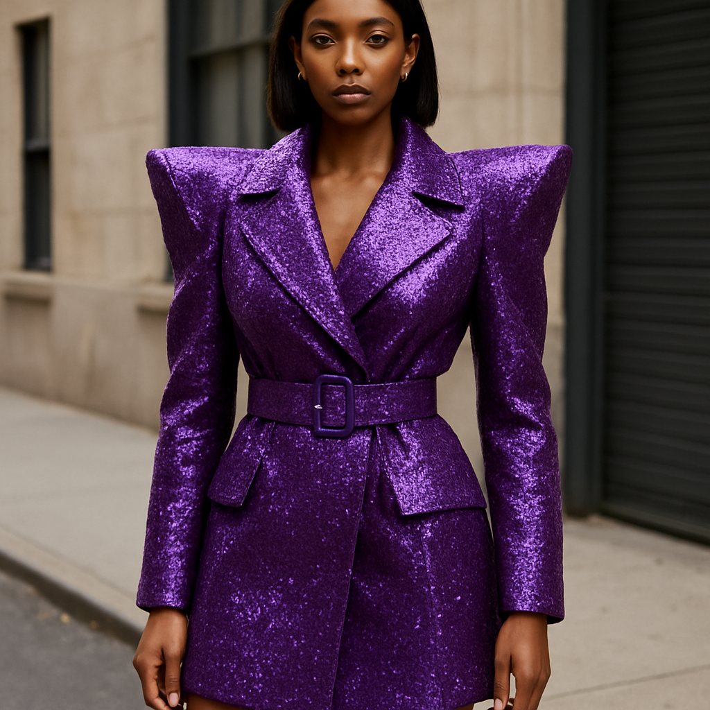 Luxury high end classy trench coat dress in purple with sequined details, exaggerated shoulders and belted waist that is above knee
Luxury high end classy trench coat dress in purple with sequined details, exaggerated shoulders and belted waist that is above knee, streetwear style