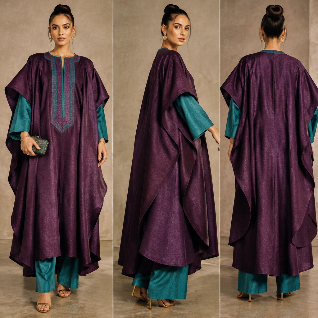 A Female Agbada design, made of Linen, with a rich, textured surface, with a Relaxed silhouette, styled in layers, in a Jewel Tones color palette, for Streetwear, suitable for Spring, suited to a Temperate climate, in Elegant + Glamorous + Streetwear style, shown on a model with light skin and an athletic build Present it as professional fashion catalogue photography: the garment is the subject, shown full-length with editorial styling, neutral posing and tasteful, non-suggestive framing.
photorealistic fashion design, A Female Agbada design, made of Linen, with a rich, textured surface, with a Relaxed silhouette, styled in layers, in a Jewel Tones color palette, for Streetwear, suitable for Spring, suited to a Temperate climate, in Elegant + Glamorous + Streetwear style, shown on a model with light skin and an athletic build Present it as professional fashion catalogue photography: the garment is the subject, shown full-length with editorial styling, neutral posing and tasteful, non-suggestive framing., elegant style, just the design no text