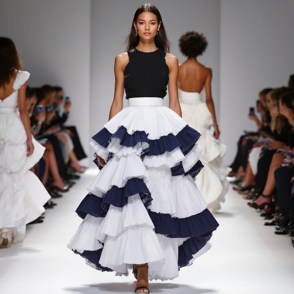 A ruffled layered skirt with spiral ruffles on the side going down the legs
A tiered skirt in cotton voile with spiral ruffles cascading down the sides, offering a playful and voluminous silhouette.