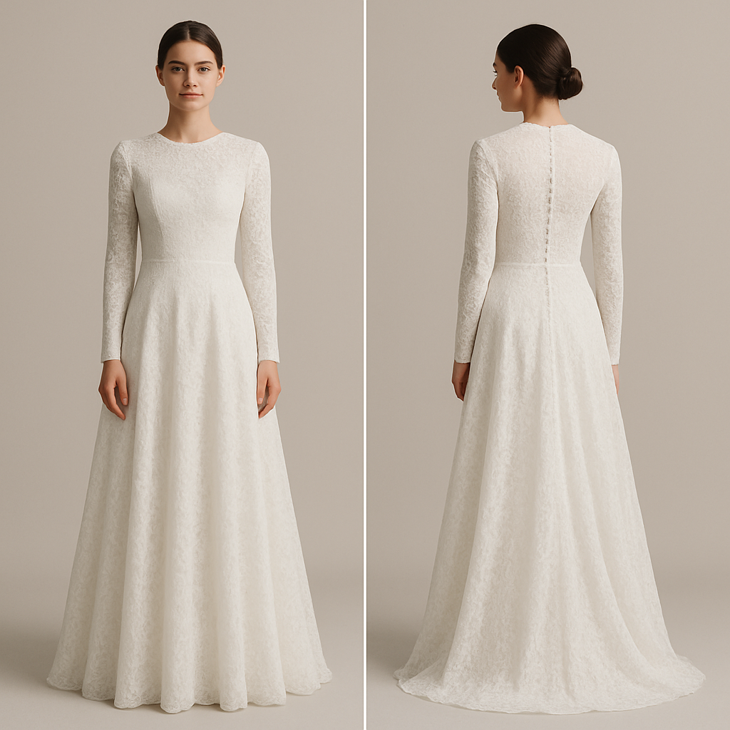 Lace wedding dress modest
Lace wedding dress modest, minimalist style, show front and back