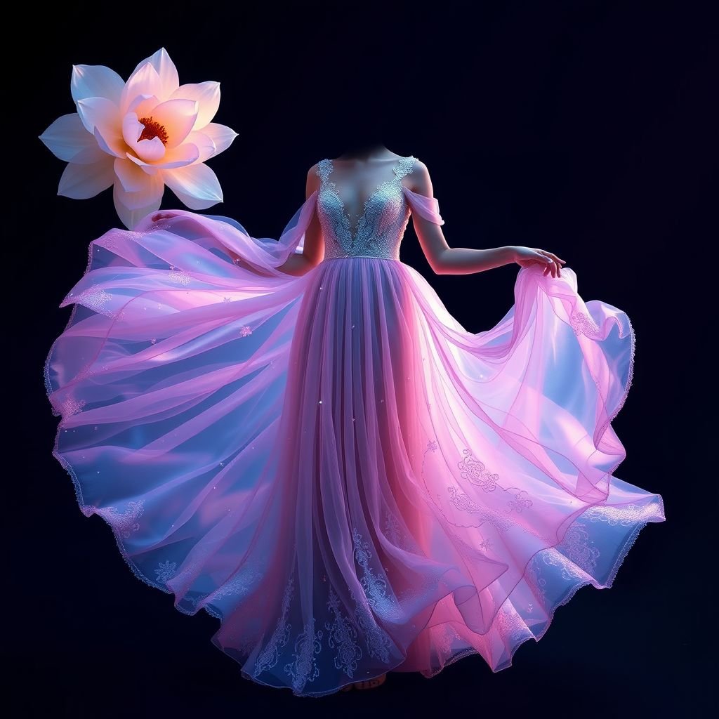 Dress
Imagine a flowing maxi dress inspired by the ethereal beauty of a twilight garden. Crafted from lightweight, iridescent fabric, it features delicate layers that mimic the petals of a flower. Accentuated with soft, pastel hues, and adorned with intricate lacework and subtle glimmers of sequins, this dress captures nature's whimsical elegance.
