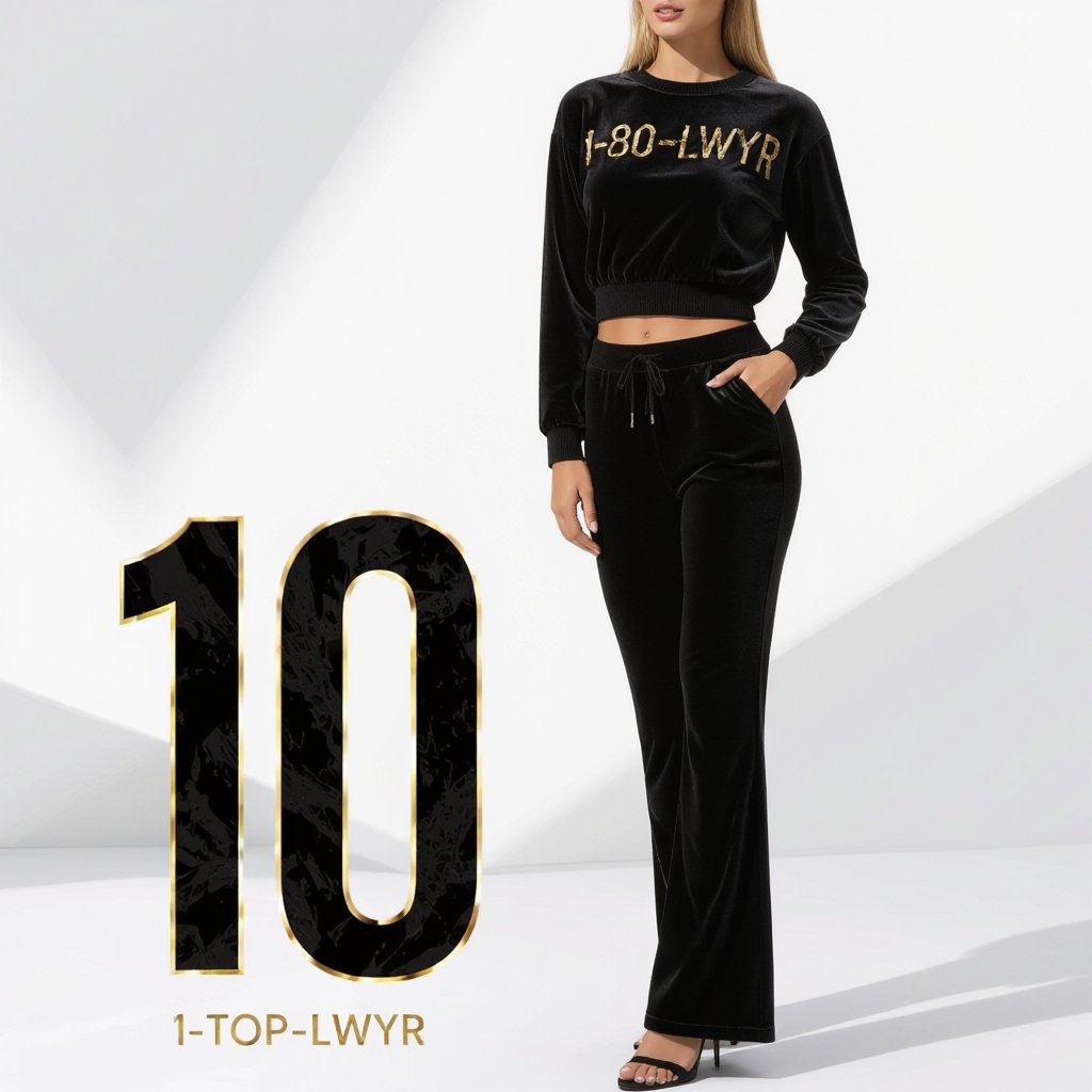 black velour two piece tracksuit (keep pant string on inner pant), medium flare pants and cropped sweater. make it say 1-80-TOP-LWYR in gold
Black velour two-piece tracksuit with medium flare pants and a cropped sweater. Features an inner pant drawstring. "1-80-TOP-LWYR" in gold on the back.