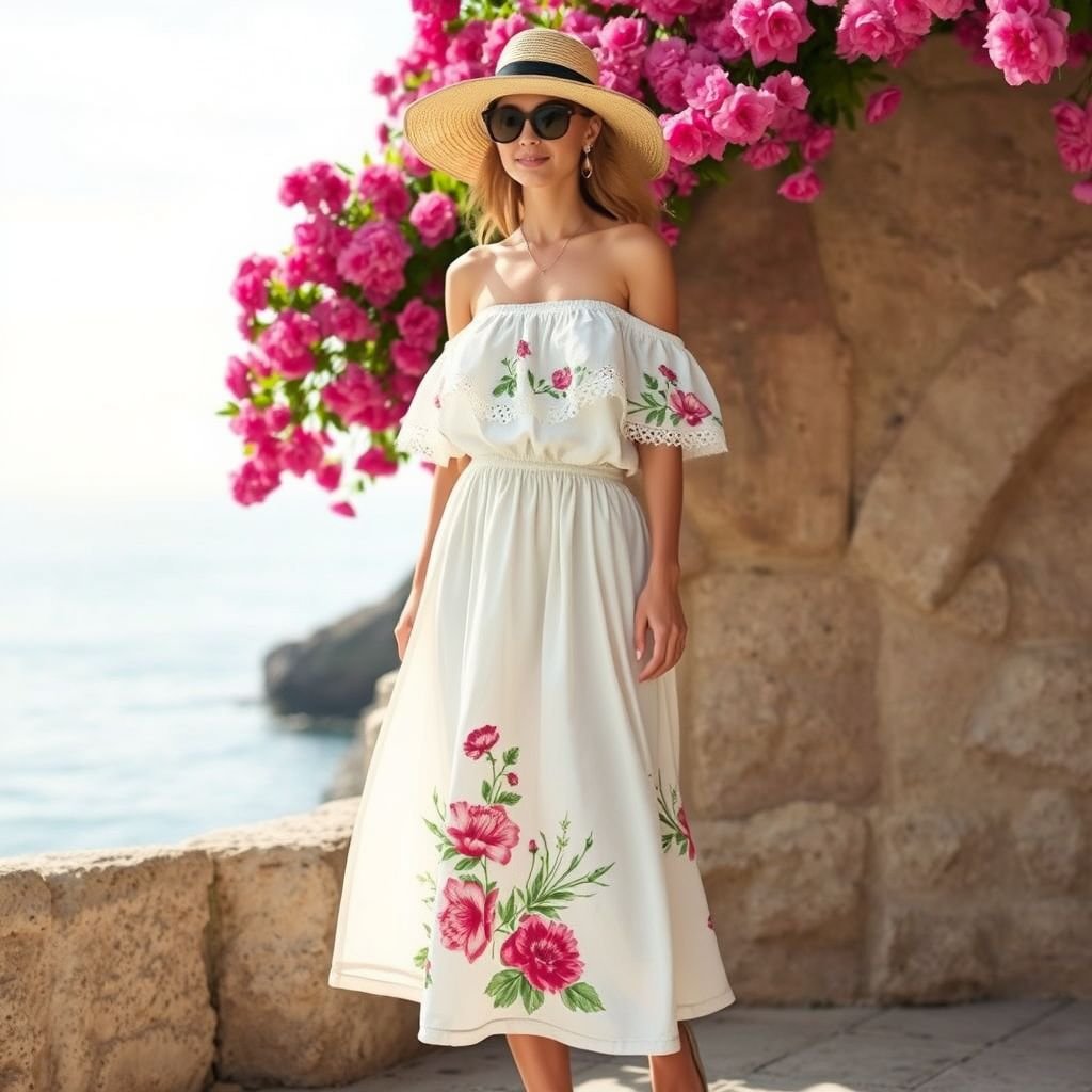 Summer dress simple for resort wear
Design a chic Italian summer dress, characterized by lightweight linen in crisp white and vibrant Mediterranean-inspired prints. Incorporate a flowing, off-the-shoulder neckline and a cinched waist to enhance femininity. Accentuate with delicate lace details and a relaxed midi length, perfect for strolls along the Amalfi coast or seaside dining.