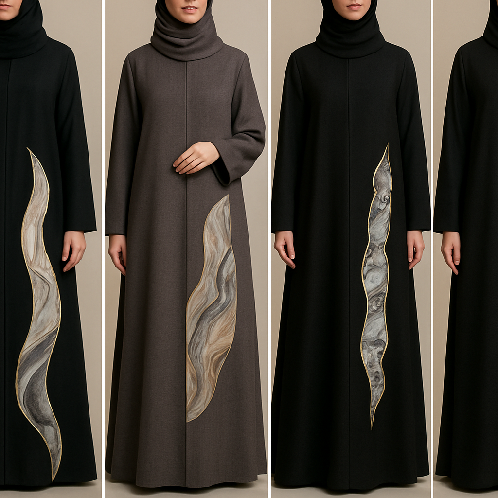 Create a modest abaya that's the first of its kind, featuring a unique stone design that exudes a classy and sophisticated vibe. I'd like four designs, each showcasing different styles and fabrics.
Incorporate high-end, unique chic stone designs to make them truly special. Add little sophisticated stone design.
Create a modest abaya that's the first of its kind, featuring a unique stone design that exudes a classy and sophisticated vibe. I'd like four designs, each showcasing different styles and fabrics.
Incorporate high-end, unique chic stone designs to make them truly special. Add little sophisticated stone design.