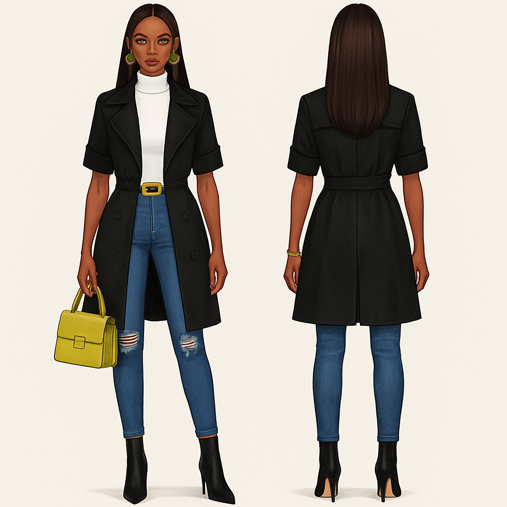 White turtleneck short sleeves black trench coat
Fitted ripped jeans
Gold belt on pants
Heel boots
Lime green earrings and bracelet
Sew in
Lime green purse
White turtleneck short sleeves black trench coat
Fitted ripped jeans
Gold belt on pants
Heel boots
Lime green earrings and bracelet
Sew in
Lime green purse , business style, show front and back