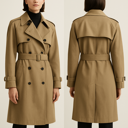 Let’s create a convertible trench coat for a woman in a sand/ khaki color