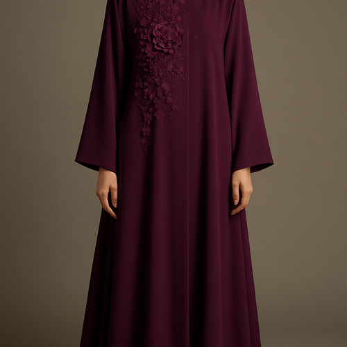 The Half-Bloom Couture Abaya
Tone: Wine / Plum Design: One side of the chest beautifully covered with half-blooming flowers and micro stones. 