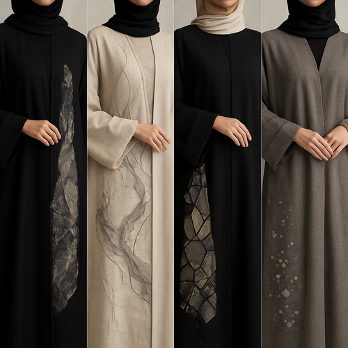 Create a modest abaya, first of its kind, featuring a unique stone design that exudes a classy and sophisticated vibe. I'd like four designs, each showcasing different styles and fabrics. Incorporate high-end, unique chic stone designs to make them truly special. Add little sophisticated stone designs. Make it irresistible for customers 