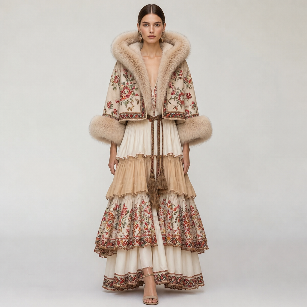 A Female fashion design. Consider Russian fashion — fur and layering traditions, bold patterns, mix of European elegance and Slavic folk motifs. Current season is Summer in Russia.
photorealistic fashion design, A Female fashion design. Consider Russian fashion — fur and layering traditions, bold patterns, mix of European elegance and Slavic folk motifs. Current season is Summer in Russia., just the design no text
