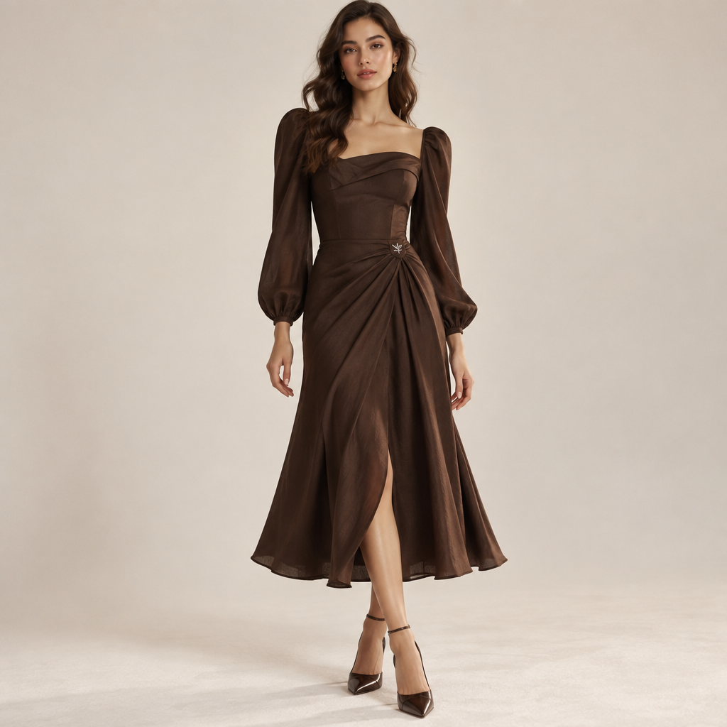 Create a high-end fashion editorial image for an original young women’s fashion brand called COVESA.
Design a unique, youthful, stylish midi dress for women in their 20s. The dress should have a flattering fitted silhouette through the upper body with an elegant flowing lower half, an unusual but wearable neckline, sculpted waist detailing, and distinctive sleeve construction. Keep the design sophisticated but youthful, suitable for daytime, dinner, parties and stylish events.
Use a rich deep espresso-brown fabric with subtle texture and a luxurious finish. Add one unexpected design detail that makes the dress immediately recognizable as a Covesa piece, while keeping the overall design clean and wearable.
IMPORTANT BRANDING:
Place the COVESA signature symbol as a small WHITE embroidered logo on the garment. The logo should look physically stitched into the fabric, not digitally pasted on. Position it subtly near the left side of the waist/hip area. Keep it small, elegant and clearly visible.
Do not add any other logos, text, brand names or patterns.
Show the model in a clean luxury fashion campaign setting with a neutral background, full-body view, realistic fabric texture, realistic stitching and professional studio lighting.
The final result should look like an actual finished garment from an emerging luxury fashion label—not a costume, not overly mature, and not overly revealing.
The Covesa signature logo should feel like a natural part of the garment and something customers could recognize as the brand’s signature.
photorealistic fashion design, Create a high-end fashion editorial image for an original young women’s fashion brand called COVESA.
Design a unique, youthful, stylish midi dress for women in their 20s. The dress should have a flattering fitted silhouette through the upper body with an elegant flowing lower half, an unusual but wearable neckline, sculpted waist detailing, and distinctive sleeve construction. Keep the design sophisticated but youthful, suitable for daytime, dinner, parties and stylish events.
Use a rich deep espresso-brown fabric with subtle texture and a luxurious finish. Add one unexpected design detail that makes the dress immediately recognizable as a Covesa piece, while keeping the overall design clean and wearable.
IMPORTANT BRANDING:
Place the COVESA signature symbol as a small WHITE embroidered logo on the garment. The logo should look physically stitched into the fabric, not digitally pasted on. Position it subtly near the left side of the waist/hip area. Keep it small, elegant and clearly visible.
Do not add any other logos, text, brand names or patterns.
Show the model in a clean luxury fashion campaign setting with a neutral background, full-body view, realistic fabric texture, realistic stitching and professional studio lighting.
The final result should look like an actual finished garment from an emerging luxury fashion label—not a costume, not overly mature, and not overly revealing.
The Covesa signature logo should feel like a natural part of the garment and something customers could recognize as the brand’s signature., just the design no text