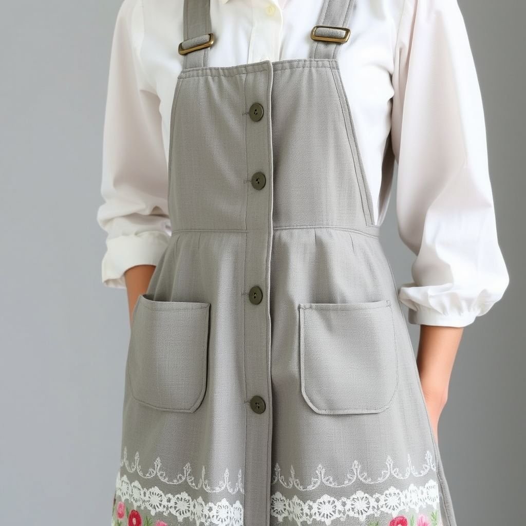 Pinafore with pockets grey color
Design a vintage-inspired pinafore in soft grey linen featuring oversized pockets and delicate lace trim. The silhouette should evoke the classic 1940s aesthetic, with a cinched waist and a flared skirt. Add subtle floral embroidery along the hem to enhance its nostalgic charm, perfectly pairing with a fitted white blouse.