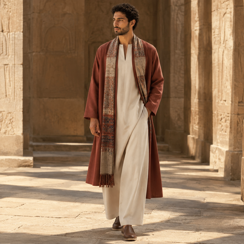 A Male Dress design, suitable for Fall. Consider Egyptian fashion — flowing silhouettes, vibrant colors, cotton and linen traditions, modest yet elegant. Current season is Autumn in Egypt. Present it as professional fashion catalogue photography: the garment is the subject, shown full-length with editorial styling, neutral posing and tasteful, non-suggestive framing.
photorealistic fashion design, A Male Dress design, suitable for Fall. Consider Egyptian fashion — flowing silhouettes, vibrant colors, cotton and linen traditions, modest yet elegant. Current season is Autumn in Egypt. Present it as professional fashion catalogue photography: the garment is the subject, shown full-length with editorial styling, neutral posing and tasteful, non-suggestive framing., just the design no text