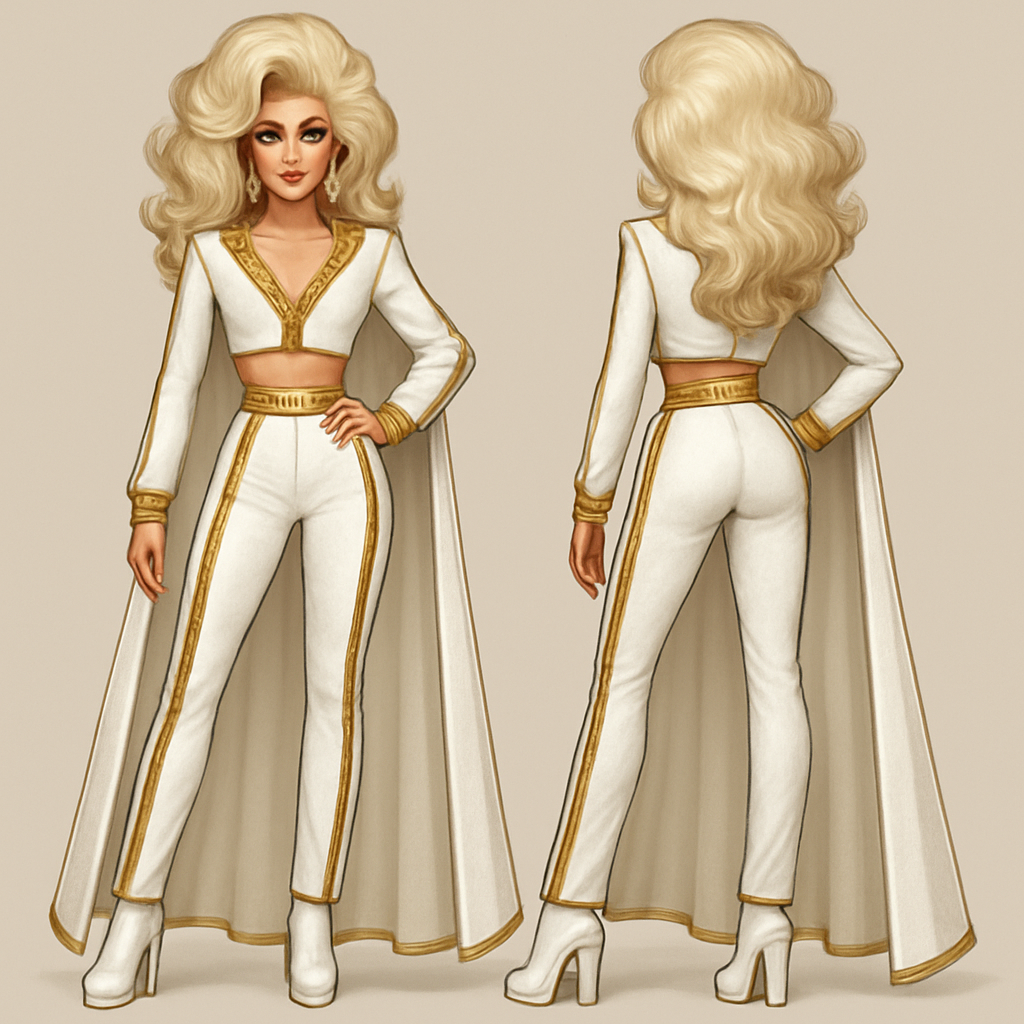 Drag Pageant Sportswear, white and gold 

Drag Pageant Sportswear, white and gold , glamorous style, show front and back