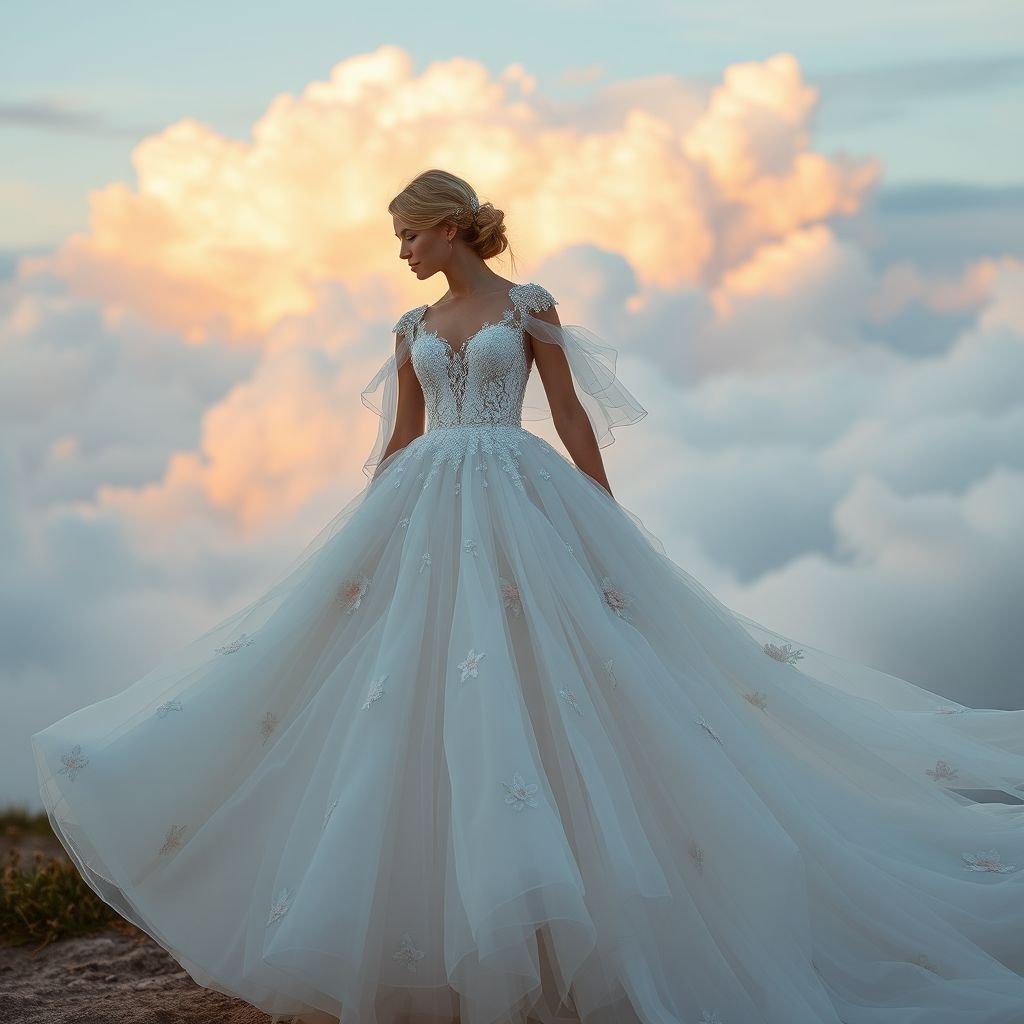 Wedding dress
Imagine a romantic wedding dress inspired by ethereal clouds at sunrise. The gown cascades in layers of soft, billowy tulle, featuring delicate hand-painted pastel florals. Intricate lace accents adorn the bodice, while fluttering sleeves add whimsical elegance. A flowing train completes the look, evoking a dreamy, fairytale-like essence for modern brides.