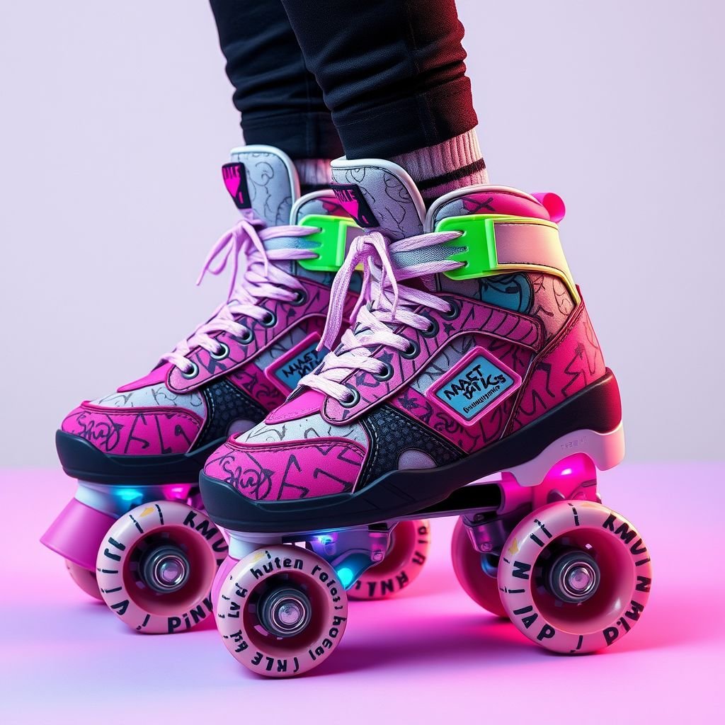 Roller skate shoes
Design a bold pair of roller skate shoes that fuse classic streetwear aesthetics with modern functionality. Envision a vibrant mix of textured materials, graffiti-inspired graphics, and oversized silhouettes. Incorporate chunky soles and ankle straps, alongside intricate lace detailing. Feature neon accents and reflective panels for that urban edge, perfect for skaters and trendsetters alike.