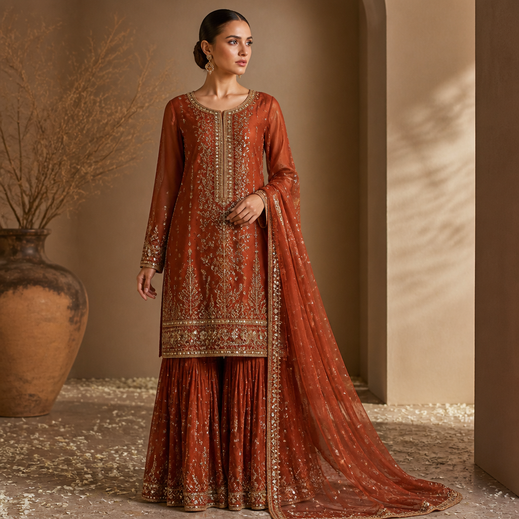 A Female fashion design. Consider Pakistani fashion — shalwar kameez, gharara, sharara; lawn fabrics, chiffon; intricate embroidery and mirror work. Current season is Autumn in Pakistan. Present it as professional fashion catalogue photography: the garment is the subject, shown full-length with editorial styling, neutral posing and tasteful, non-suggestive framing.
photorealistic fashion design, A Female fashion design. Consider Pakistani fashion — shalwar kameez, gharara, sharara; lawn fabrics, chiffon; intricate embroidery and mirror work. Current season is Autumn in Pakistan. Present it as professional fashion catalogue photography: the garment is the subject, shown full-length with editorial styling, neutral posing and tasteful, non-suggestive framing., just the design no text