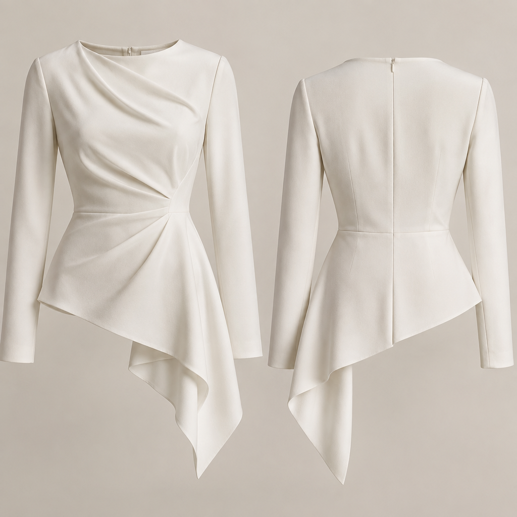 Je veux un haut manche longue à bas asymétrique
photorealistic fashion design, Je veux un haut manche longue à bas asymétrique , formal style, just the design no text, show front and back