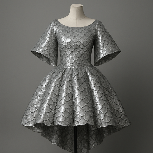 I want a silver dress, like fish scales, with a boat neck, boat-like sleeves, and a puffy skirt that reaches above the knees but has a trailing back, and show this on the mannequin.