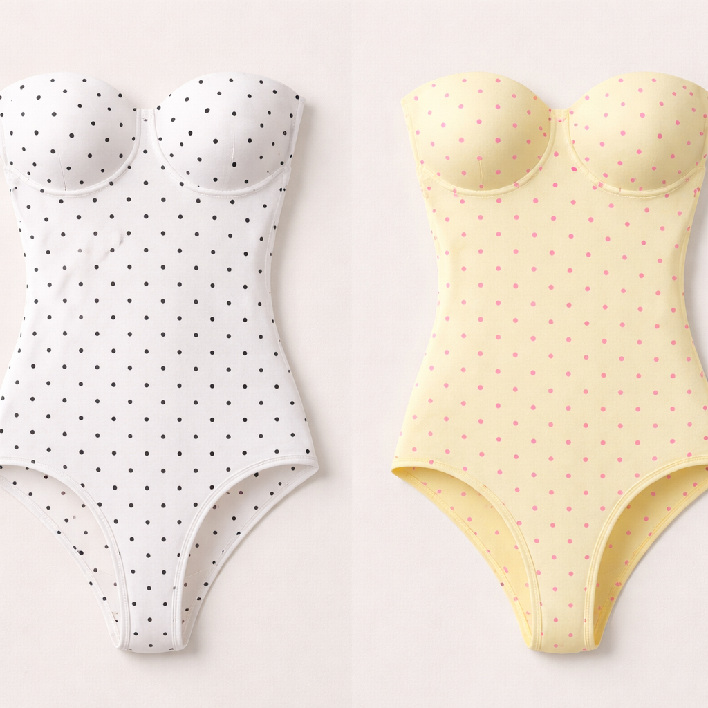 Shape wear no ai model all cotton seamless g string white and black pocker dots strapless built in bra just in bodysuit pink and yellow pocker dots other way around
Shape wear no ai model all cotton seamless g string white and black pocker dots strapless built in bra just in bodysuit pink and yellow pocker dots other way around , classic style, show front and back