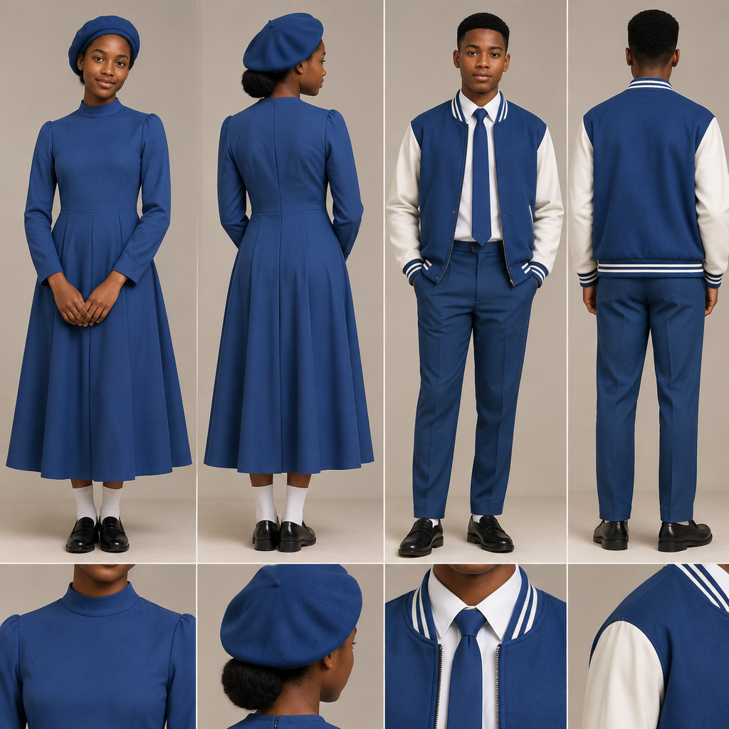 A Male Top design, with modest, full coverage: longer hemlines, higher necklines and covered shoulders, suitable for Spring. Design a blue baseball jacket with white accents.No writings on the jacket . Use black teenagers as models.show back and front face.
A blue fit and flare dress,covering chest area,almost reaching ankles,blue barrett and white socks for the female.
A blue relaxed trouser reaching ankles,white shirt,blue tie and white socks for the male.
Nice black school shoes for both.. South Africa fashion aesthetics. Present it as professional fashion catalogue photography: the garment is the subject, shown full-length with editorial styling, neutral posing and tasteful, non-suggestive framing.
photorealistic fashion design, A Male Top design, with modest, full coverage: longer hemlines, higher necklines and covered shoulders, suitable for Spring. Design a blue baseball jacket with white accents.No writings on the jacket . Use black teenagers as models.show back and front face.
A blue fit and flare dress,covering chest area,almost reaching ankles,blue barrett and white socks for the female.
A blue relaxed trouser reaching ankles,white shirt,blue tie and white socks for the male.
Nice black school shoes for both.. South Africa fashion aesthetics. Present it as professional fashion catalogue photography: the garment is the subject, shown full-length with editorial styling, neutral posing and tasteful, non-suggestive framing., just the design no text