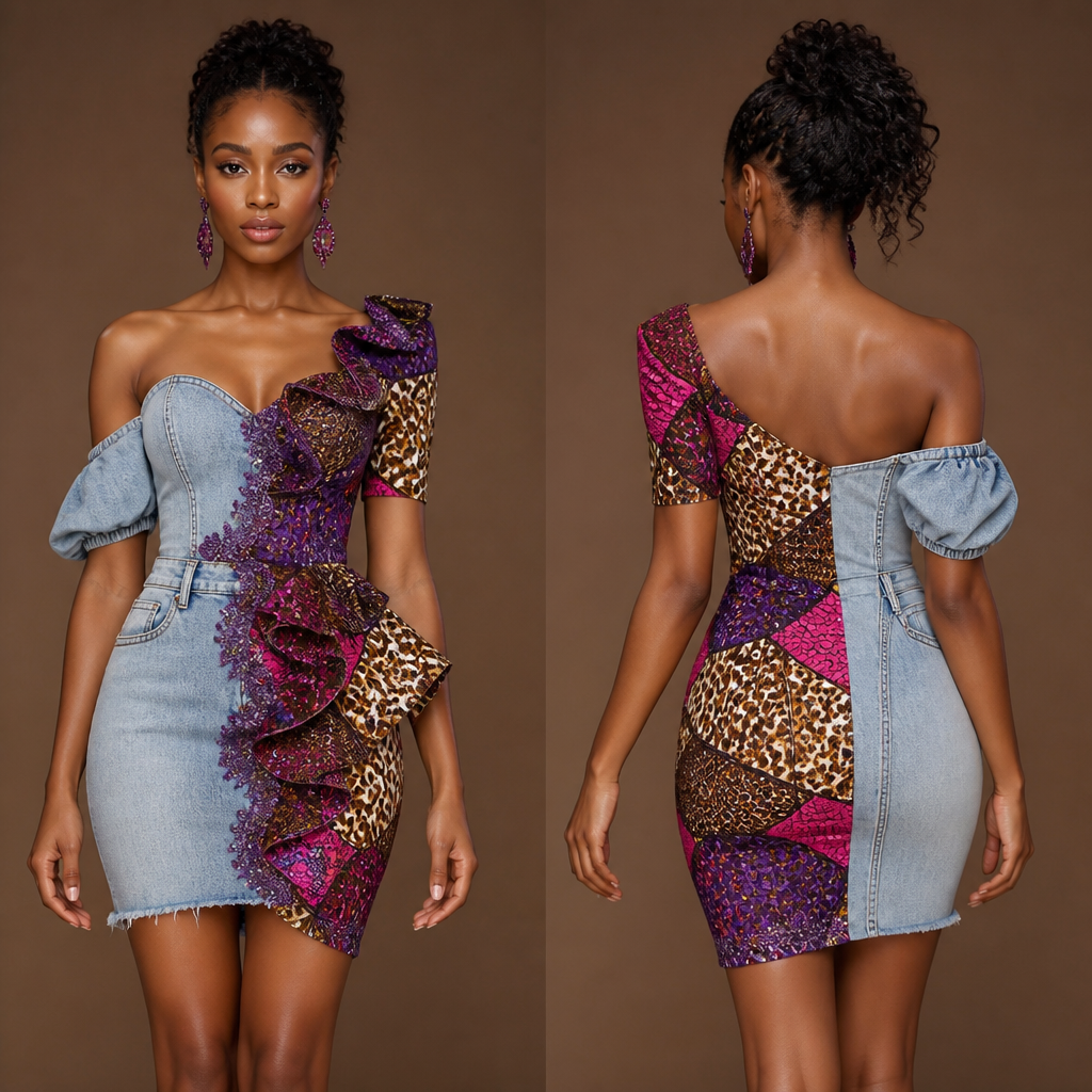 A Female Dress design, for Wedding, suitable for Summer, in Glamorous + Luxury + Animal Print style. dark brown and purple with a pinch of hot pink African print(exquisite design) on the right part and very faded blue jeans on the left part, sleeves off shoulders on the left and no hands on the right and above knee length
photorealistic fashion design, A Female Dress design, for Wedding, suitable for Summer, in Glamorous + Luxury + Animal Print style. dark brown and purple with a pinch of hot pink African print(exquisite design) on the right part and very faded blue jeans on the left part, sleeves off shoulders on the left and no hands on the right and above knee length, glamorous style, just the design no text, show front and back