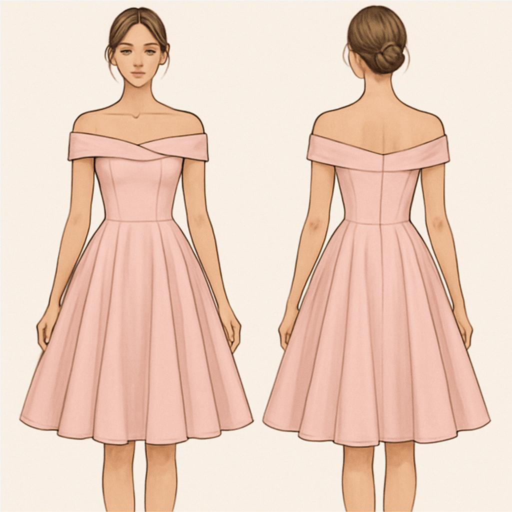 Thigh length dress with off shoulder and powder pink flair dress
Thigh length dress with off shoulder and powder pink flair dress
, show front and back