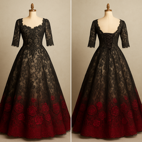 Lace Black A-line 1/3 lace sleeves wedding dress with ivory underlining. Corset back, with embroidered sequin beading on the top. The bottom fades into red with embroidered red sequined roses.