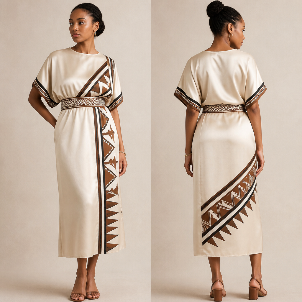 A Dress design, made of Satin, in Casual style. design umbhinqo south African traditional esthetics motifs. Design with modest coverage.
photorealistic fashion design, A Dress design, made of Satin, in Casual style. design umbhinqo south African traditional esthetics motifs. Design with modest coverage., casual style, just the design no text