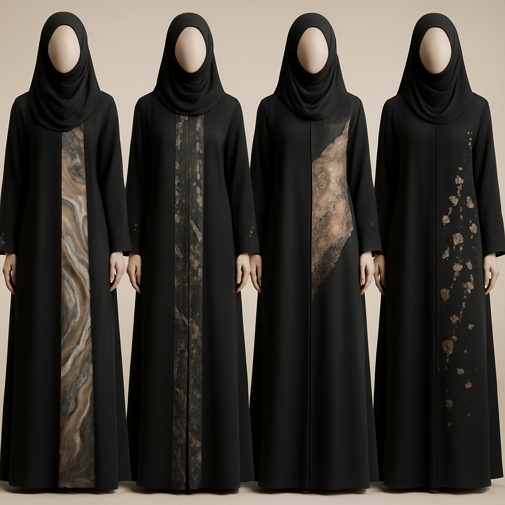 Create a modest two piece abaya, first of its kind, featuring a unique stone design that exudes a classy and sophisticated vibe. I'd like four designs, each showcasing different styles and fabrics. Incorporate high-end, unique chic stone designs to make them truly special. Add little sophisticated stone designs. Make it irresistible!
Create a modest two piece abaya, first of its kind, featuring a unique stone design that exudes a classy and sophisticated vibe. I'd like four designs, each showcasing different styles and fabrics. Incorporate high-end, unique chic stone designs to make them truly special. Add little sophisticated stone designs. Make it irresistible!