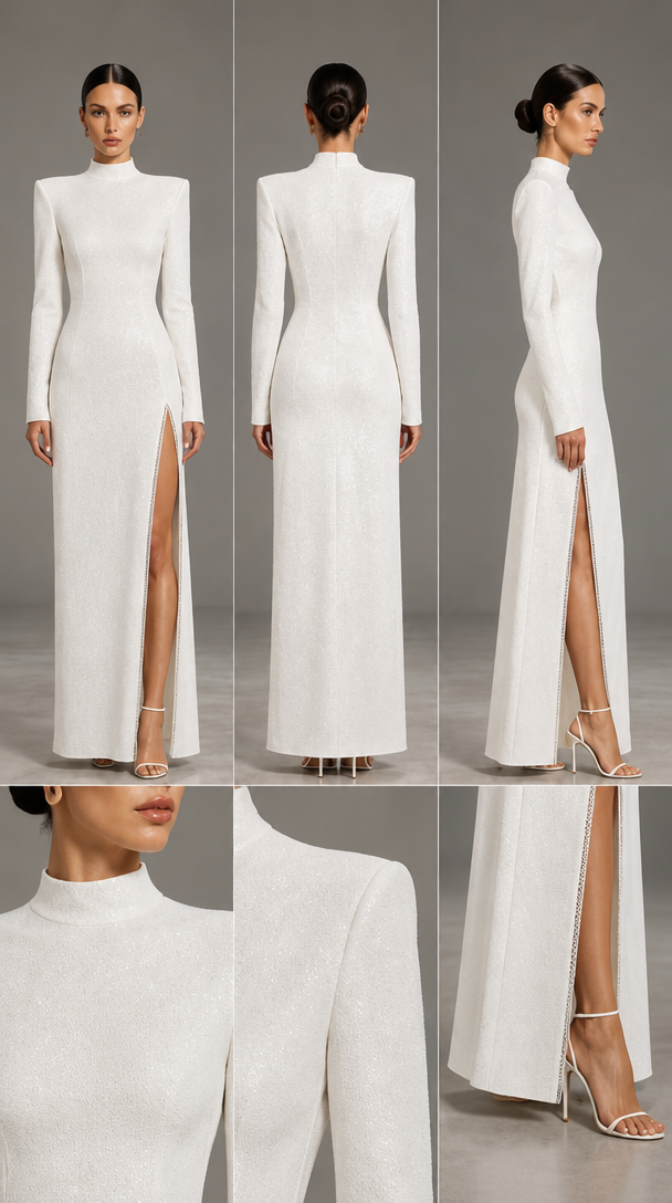 Sketch render
Turn this fashion sketch into a photorealistic photograph of the finished garment worn by a model in a studio with soft editorial lighting. Stay faithful to the sketch's silhouette, proportions and details. No text, no annotations, just the finished garment photograph.