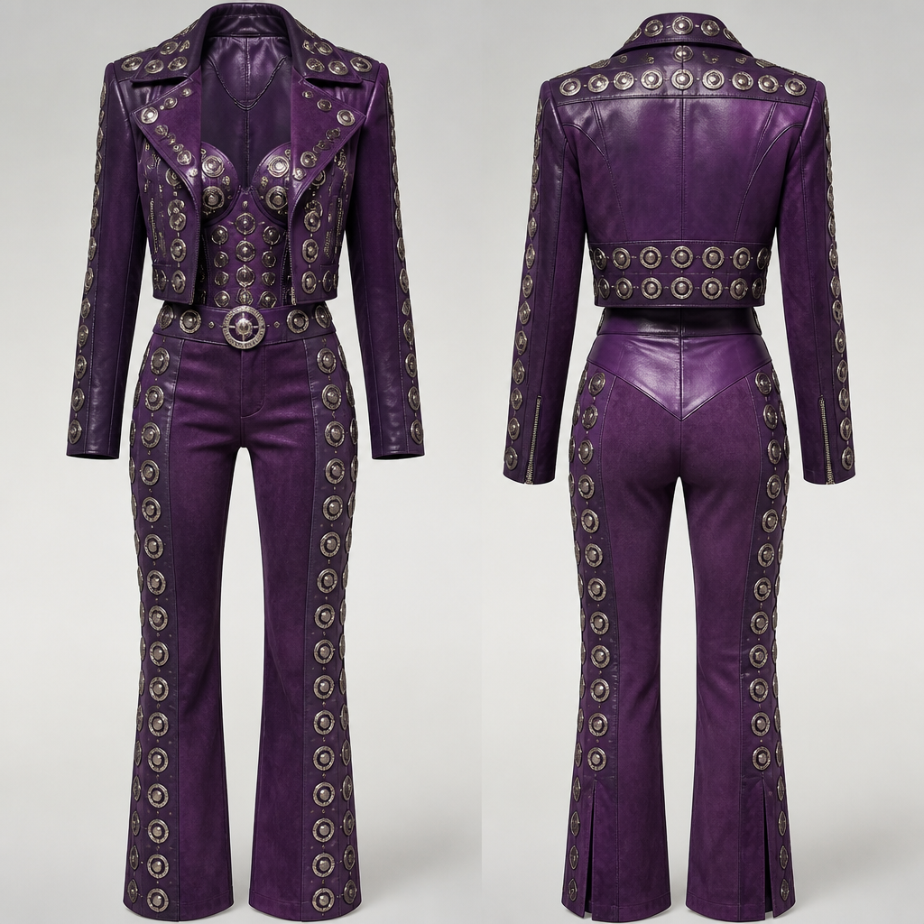 Beyoncé Rock n roll in purple leather suede, with metallic round studs on round squares
photorealistic fashion design, Beyoncé Rock n roll in purple leather suede, with metallic round studs on round squares , edgy style, just the design no text, show front and back