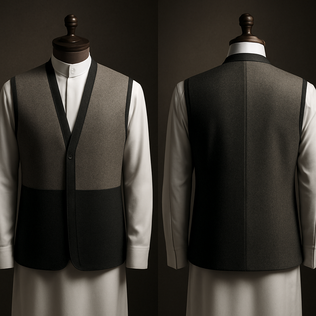 
‏Prompt 6 — Modern Formal (Stone / Blackened Slate)
‏Photorealistic high-end two-tone cashmere vest, modern formal cut, top Stone and bottom Blackened Slate; bold yet refined two-tone division with slim border, optional small metal accent button; very clean silhouette, heritage-inspired inner jacquard; worn over a pristine white Saudi thobe visible underneath; presented on an elegant dark wooden mannequin; dramatic but soft studio lighting; ultra-detailed fabric rendering.


‏Prompt 6 — Modern Formal (Stone / Blackened Slate)
‏Photorealistic high-end two-tone cashmere vest, modern formal cut, top Stone and bottom Blackened Slate; bold yet refined two-tone division with slim border, optional small metal accent button; very clean silhouette, heritage-inspired inner jacquard; worn over a pristine white Saudi thobe visible underneath; presented on an elegant dark wooden mannequin; dramatic but soft studio lighting; ultra-detailed fabric rendering., show front and back