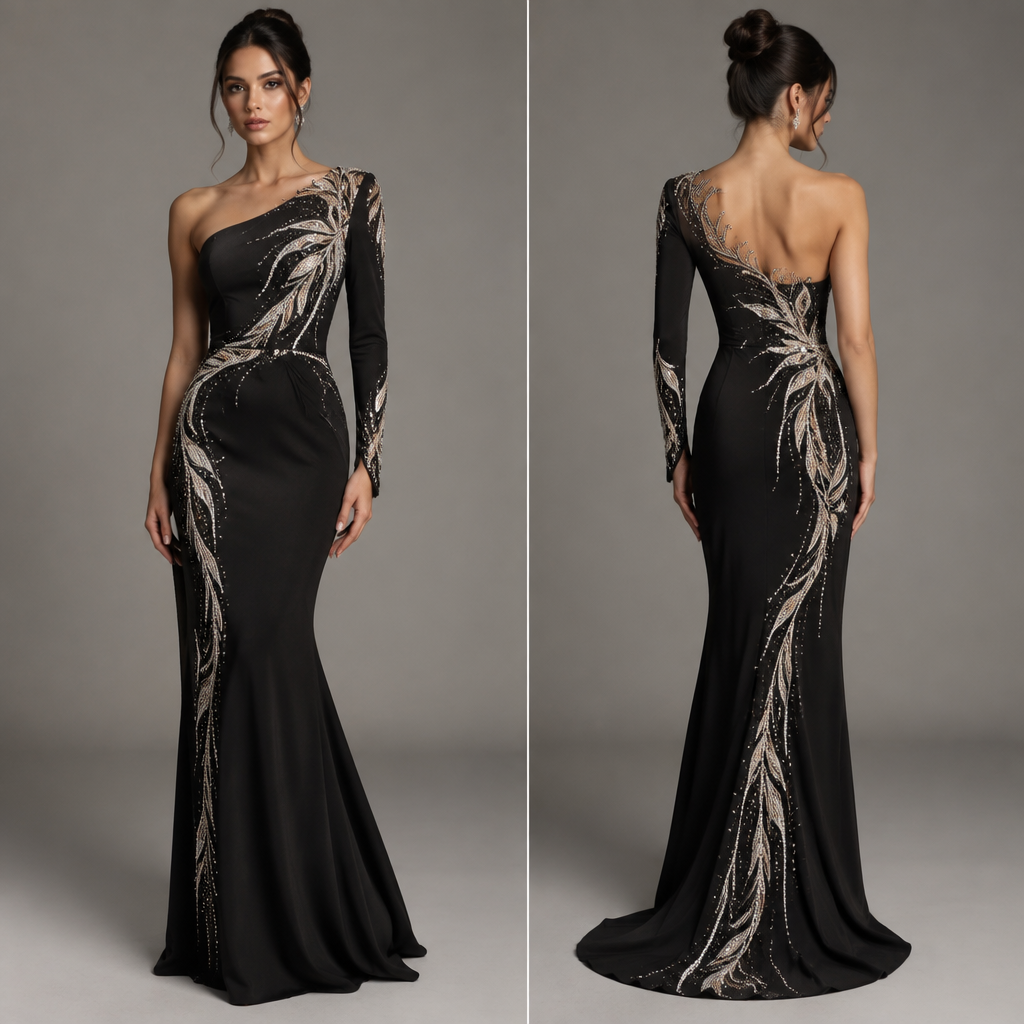 the left arm side of the dress should be fully covered while the right side is open ,the dress should be long and slim fitting ,it should be Matt black with a white silver with bidazzles and a fancy design
photorealistic fashion design, the left arm side of the dress should be fully covered while the right side is open ,the dress should be long and slim fitting ,it should be Matt black with a white silver with bidazzles and a fancy design , just the design no text, show front and back