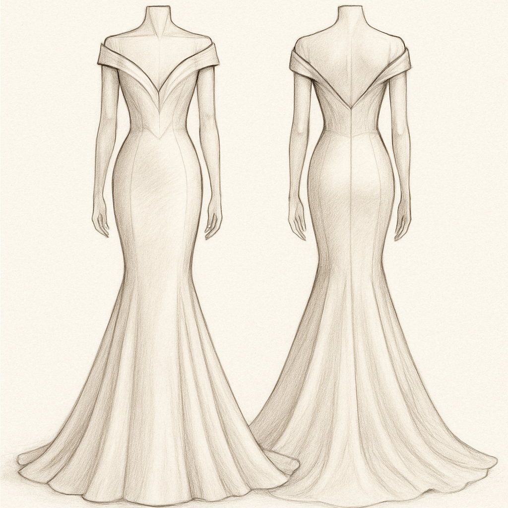V-neck evening dress with a tail and off-the-shoulder mermaid cut with shape in the middle
V-neck evening dress with a tail and off-the-shoulder mermaid cut with shape in the middle
, classic style, show front and back