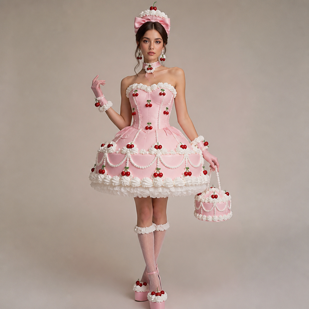 A Female Dress design, suitable for Spring. VESTIDO DE BOLO ROSA CLARO COM CHANTILY BRANCO E CEREJA NO VESTIDO E SAPATO DE BOLO COM CHANTILY E CEREJA NO SAPATO E LUVA DE BOLO ROSA CLARO COM CHANTILY BRANCO NA BORDA DA LUVA COM CEREJA NA BORDA DO CHANTILY DA LUVA E PULSEIRA DE BOLO ROSA CLARO COM CHANTILY BRANCO E CEREJA NA MÃO DIREITA E PULSEIRA DE BOLO ROSA CLARO COM CHANTILY BRANCO E CEREJA NA MÃO ESQUERDA BRINCO DE BOLO ROSA CLARO COM CHANTILY BRANCO E CEREJA EM CIMA DO BRINCO DE BOLO E UM COLAR De BOLO ROSA CLARO COM CHANTILY BRANCO E CEREJA EM CIMA E UMA CORO DE BOLO ROSA CLARO COM CHANTILY BRANCO E CEREJA EM CIMA E UM LAÇO DE BOLO ROSA CLARO COM CHANTILY BRANCO E CEREJA EM CIMA UMA FITA DE BOLO ROSA CLARO COM CHANTILY BRANCO NO PESCOÇO MEIA DE BOLO ROSA CLARO COM CHANTILY BRANCO NA BORDA DA MEIA & UMA BOLSA DE BOLO ROSA CLARO COM CHANTILY BRANCO E CEREJA EM CIMA. Brazil fashion aesthetics. Present it as professional fashion catalogue photography: the garment is the subject, shown full-length with editorial styling, neutral posing and tasteful, non-suggestive framing.
photorealistic fashion design, A Female Dress design, suitable for Spring. VESTIDO DE BOLO ROSA CLARO COM CHANTILY BRANCO E CEREJA NO VESTIDO E SAPATO DE BOLO COM CHANTILY E CEREJA NO SAPATO E LUVA DE BOLO ROSA CLARO COM CHANTILY BRANCO NA BORDA DA LUVA COM CEREJA NA BORDA DO CHANTILY DA LUVA E PULSEIRA DE BOLO ROSA CLARO COM CHANTILY BRANCO E CEREJA NA MÃO DIREITA E PULSEIRA DE BOLO ROSA CLARO COM CHANTILY BRANCO E CEREJA NA MÃO ESQUERDA BRINCO DE BOLO ROSA CLARO COM CHANTILY BRANCO E CEREJA EM CIMA DO BRINCO DE BOLO E UM COLAR De BOLO ROSA CLARO COM CHANTILY BRANCO E CEREJA EM CIMA E UMA CORO DE BOLO ROSA CLARO COM CHANTILY BRANCO E CEREJA EM CIMA E UM LAÇO DE BOLO ROSA CLARO COM CHANTILY BRANCO E CEREJA EM CIMA UMA FITA DE BOLO ROSA CLARO COM CHANTILY BRANCO NO PESCOÇO MEIA DE BOLO ROSA CLARO COM CHANTILY BRANCO NA BORDA DA MEIA & UMA BOLSA DE BOLO ROSA CLARO COM CHANTILY BRANCO E CEREJA EM CIMA. Brazil fashion aesthetics. Present it as professional fashion catalogue photography: the garment is the subject, shown full-length with editorial styling, neutral posing and tasteful, non-suggestive framing., just the design no text