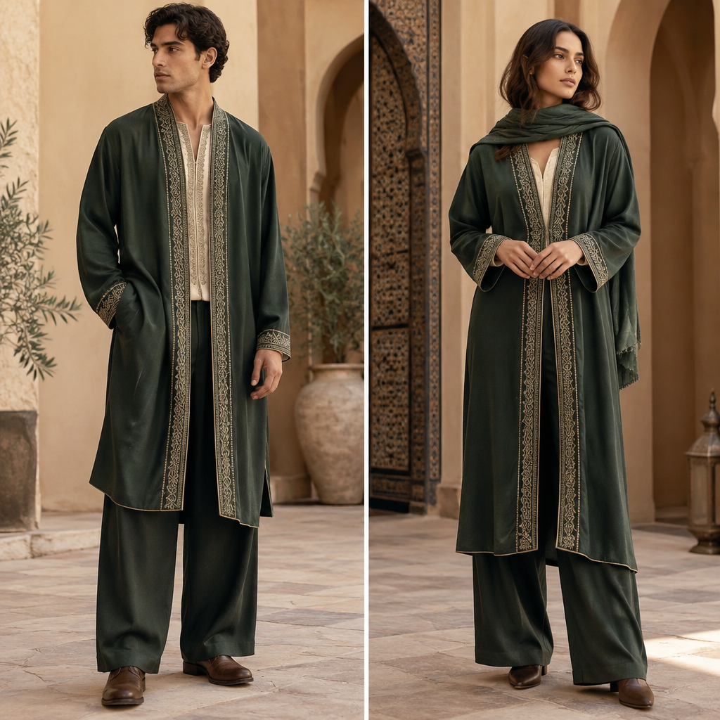 A Unisex Pants design, with modest, full coverage: longer hemlines, higher necklines and covered shoulders, suitable for Fall. Consider Moroccan fashion — caftan, djellaba, intricate embroidery, jewel-toned fabrics. Current season is Autumn in Morocco. Present it as professional fashion catalogue photography: the garment is the subject, shown full-length with editorial styling, neutral posing and tasteful, non-suggestive framing.
photorealistic fashion design, A Unisex Pants design, with modest, full coverage: longer hemlines, higher necklines and covered shoulders, suitable for Fall. Consider Moroccan fashion — caftan, djellaba, intricate embroidery, jewel-toned fabrics. Current season is Autumn in Morocco. Present it as professional fashion catalogue photography: the garment is the subject, shown full-length with editorial styling, neutral posing and tasteful, non-suggestive framing., just the design no text