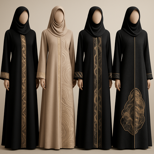 Create a modest abaya that's the first of its kind, featuring a unique stone design that exudes a classy and sophisticated vibe. I'd like four designs, each showcasing different styles and fabrics.Incorporate high-end, unique chic stone designs to make them truly special. And add little cute touch of sophisticated stone designs.
