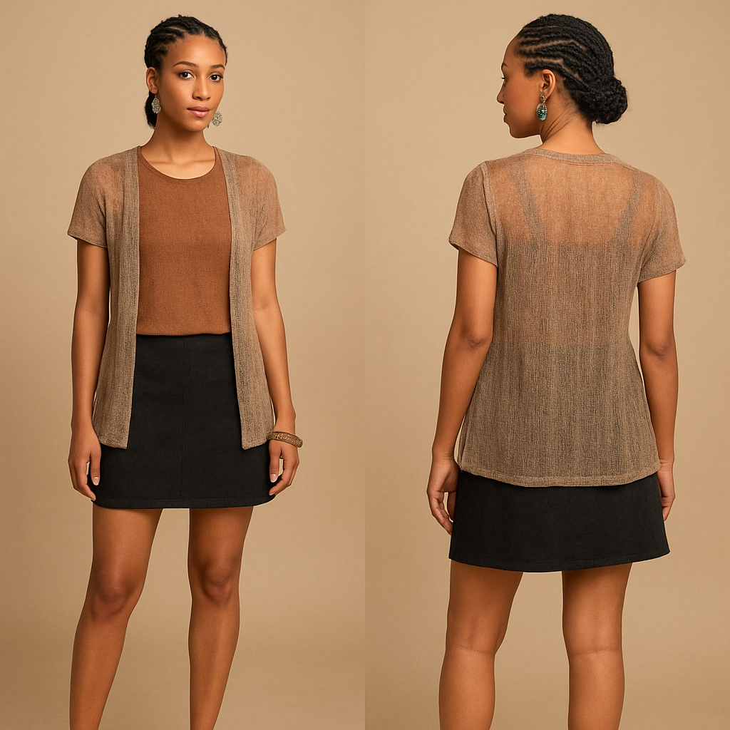 Earthy shirt short sleeves
Short black skirt
See through cardigan
Olive Green earrings
Olive Green bracelet
Black heels with gold design
Corn rows
Earthy shirt short sleeves
Short black skirt
See through cardigan
Olive Green earrings
Olive Green bracelet
Black heels with gold design
Corn rows
, bohemian style, show front and back