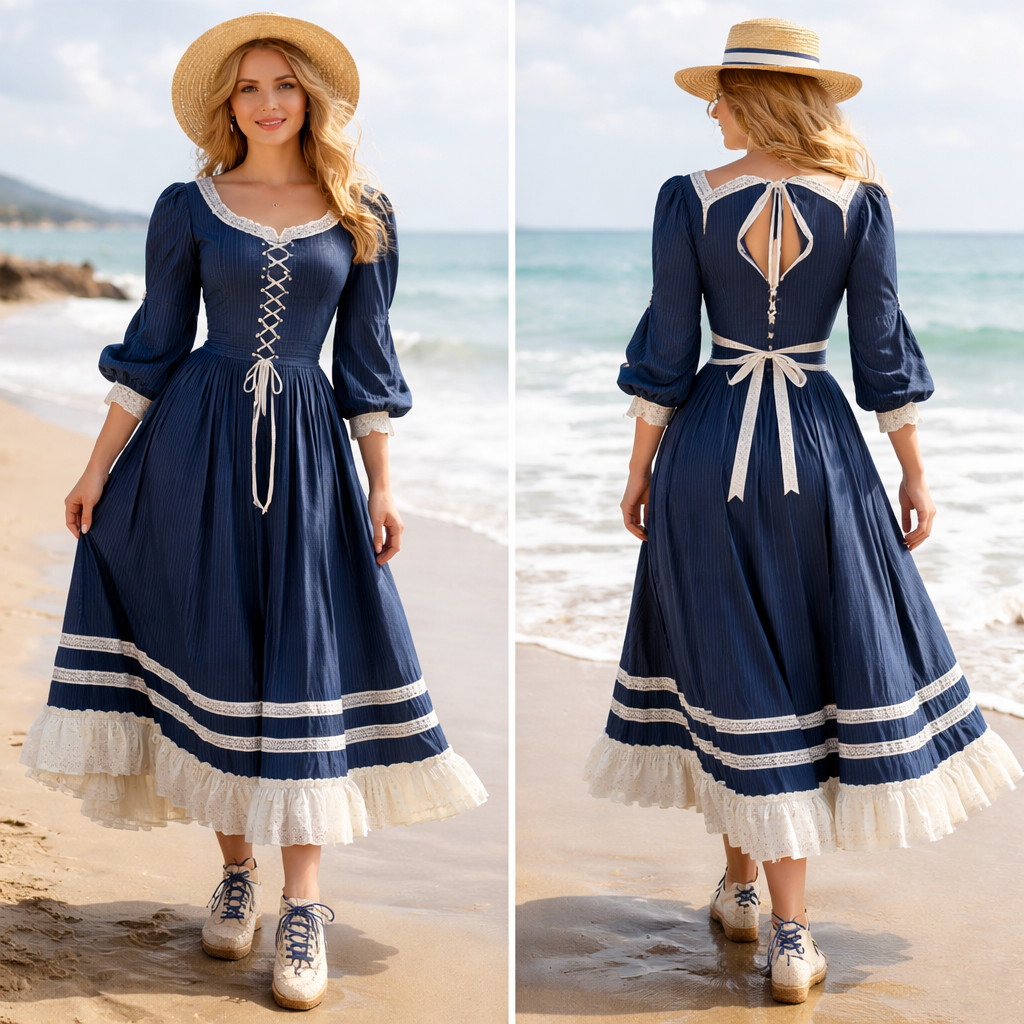 Long sleeve ankle length gown swimsuit worn in the 1800s with a 21st century modern twist. A cinched waist. Lace-up canvas "bathing shoes" with cork soles
Long sleeve ankle length gown swimsuit worn in the 1800s with a 21st century modern twist. A cinched waist. Lace-up canvas "bathing shoes" with cork soles, beach style, show front and back