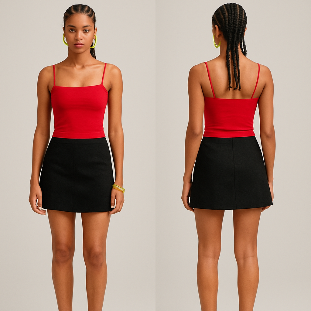 Red spaghetti strap
Short black skirt
Lime Green earrings
Lime Green bracelet
Black heels with gold design
Corn rows
Red spaghetti strap
Short black skirt
Lime Green earrings
Lime Green bracelet
Black heels with gold design
Corn rows
, streetwear style, show front and back