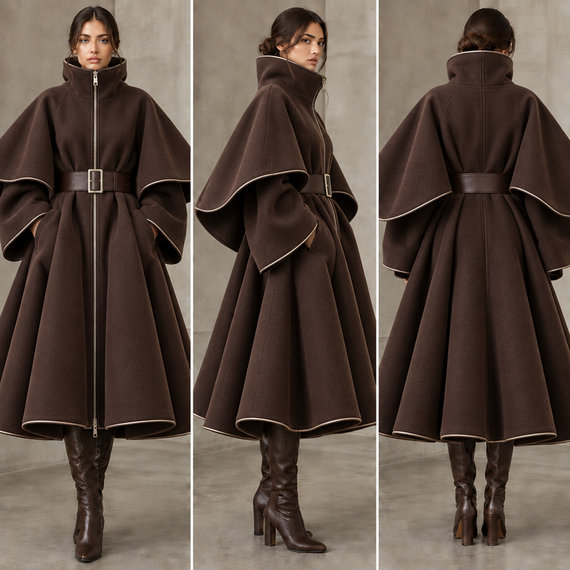 An extremely oversized women’s long dark chocolate-brown coat with a dramatic, sculptural silhouette. The coat should be intentionally very voluminous and spacious, with an exaggerated oversized fit, wide body and abundant fabric. It should look luxurious, architectural and almost cape-like while still being wearable and practical.
The coat has a high structured standing collar and a full-length central zipper running from the collar all the way to the bottom hem. The waist is emphasized with a wide matching dark-brown leather belt featuring a large rectangular metal buckle.
The signature feature is the extremely wide, dramatic wing-shaped sleeves. The upper sleeves extend far outward from the shoulders in a large cape-like shape, resembling elegant wings. They must be very wide and voluminous, creating a strong three-dimensional silhouette. Beneath the oversized wing-shaped upper sleeves are separate long, wide sleeves extending toward the wrists. The layered construction creates a dramatic double-sleeve effect and allows comfortable movement.
The lower part of the coat is also extremely voluminous, flowing outward from the waist into a very wide A-line silhouette. It should contain generous amounts of fabric and create large, elegant folds and movement while walking. The hem should fall below the knees toward mid-calf.
The coat has practical side pockets integrated into the lower front. The front and back should maintain the same oversized, sculptural proportions. The back should clearly show the large wing-like sleeves and the wide belt around the waist.
All major edges, including the wing-shaped sleeves, sleeve cuffs, front edges and bottom hem, are finished with subtle contrasting light-colored piping that clearly outlines the construction.
Use high-quality dark chocolate-brown leather or luxurious structured wool with a slightly matte finish. The entire garment should have a rich, deep brown monochromatic appearance with subtle contrasting piping.
EXTREME OVERSIZED VOLUME IS ESSENTIAL. Make the coat dramatically oversized, much larger and more voluminous than a normal oversized coat. The shoulders, wing sleeves, body and lower skirt must all have exaggerated volume and abundant fabric. Do not make the silhouette slim, fitted or narrow. Do not reduce the sleeve volume. The wing-shaped sleeves must extend noticeably outward from the body.
Photorealistic high-fashion photography on a real female model, realistic fabric texture, realistic folds and physically believable garment construction. Show the dramatic volume clearly from the front, side and back. The coat must look like a real, manufacturable garment rather than a fantasy costume. Preserve all structural details: the huge wing sleeves, layered sleeves, high collar, central zipper, wide belt, metal buckle, piping and extremely wide lower silhouette.
edit the attached fashion design with these instructions: An extremely oversized women’s long dark chocolate-brown coat with a dramatic, sculptural silhouette. The coat should be intentionally very voluminous and spacious, with an exaggerated oversized fit, wide body and abundant fabric. It should look luxurious, architectural and almost cape-like while still being wearable and practical.
The coat has a high structured standing collar and a full-length central zipper running from the collar all the way to the bottom hem. The waist is emphasized with a wide matching dark-brown leather belt featuring a large rectangular metal buckle.
The signature feature is the extremely wide, dramatic wing-shaped sleeves. The upper sleeves extend far outward from the shoulders in a large cape-like shape, resembling elegant wings. They must be very wide and voluminous, creating a strong three-dimensional silhouette. Beneath the oversized wing-shaped upper sleeves are separate long, wide sleeves extending toward the wrists. The layered construction creates a dramatic double-sleeve effect and allows comfortable movement.
The lower part of the coat is also extremely voluminous, flowing outward from the waist into a very wide A-line silhouette. It should contain generous amounts of fabric and create large, elegant folds and movement while walking. The hem should fall below the knees toward mid-calf.
The coat has practical side pockets integrated into the lower front. The front and back should maintain the same oversized, sculptural proportions. The back should clearly show the large wing-like sleeves and the wide belt around the waist.
All major edges, including the wing-shaped sleeves, sleeve cuffs, front edges and bottom hem, are finished with subtle contrasting light-colored piping that clearly outlines the construction.
Use high-quality dark chocolate-brown leather or luxurious structured wool with a slightly matte finish. The entire garment should have a rich, deep brown monochromatic appearance with subtle contrasting piping.
EXTREME OVERSIZED VOLUME IS ESSENTIAL. Make the coat dramatically oversized, much larger and more voluminous than a normal oversized coat. The shoulders, wing sleeves, body and lower skirt must all have exaggerated volume and abundant fabric. Do not make the silhouette slim, fitted or narrow. Do not reduce the sleeve volume. The wing-shaped sleeves must extend noticeably outward from the body.
Photorealistic high-fashion photography on a real female model, realistic fabric texture, realistic folds and physically believable garment construction. Show the dramatic volume clearly from the front, side and back. The coat must look like a real, manufacturable garment rather than a fantasy costume. Preserve all structural details: the huge wing sleeves, layered sleeves, high collar, central zipper, wide belt, metal buckle, piping and extremely wide lower silhouette.. keep it photorealistic, just the design no text