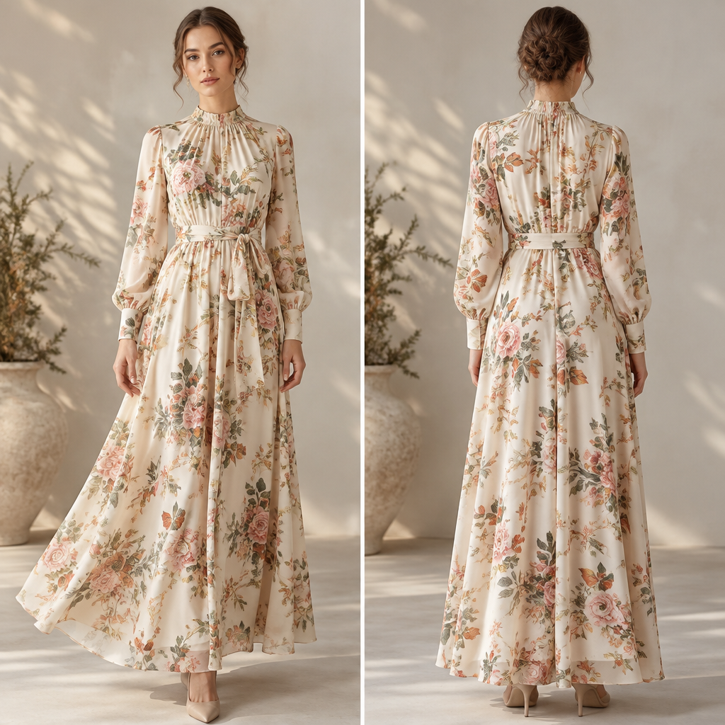 A Female Dress design, with a light, flowing drape, with a Tailored silhouette, with modest, full coverage: longer hemlines, higher necklines and covered shoulders, suitable for Fall, suited to a Tropical climate, in Floral + Spring + Fall style. Poland fashion aesthetics. Present it as professional fashion catalogue photography: the garment is the subject, shown full-length with editorial styling, neutral posing and tasteful, non-suggestive framing.
photorealistic fashion design, A Female Dress design, with a light, flowing drape, with a Tailored silhouette, with modest, full coverage: longer hemlines, higher necklines and covered shoulders, suitable for Fall, suited to a Tropical climate, in Floral + Spring + Fall style. Poland fashion aesthetics. Present it as professional fashion catalogue photography: the garment is the subject, shown full-length with editorial styling, neutral posing and tasteful, non-suggestive framing., floral style, just the design no text, show front and back