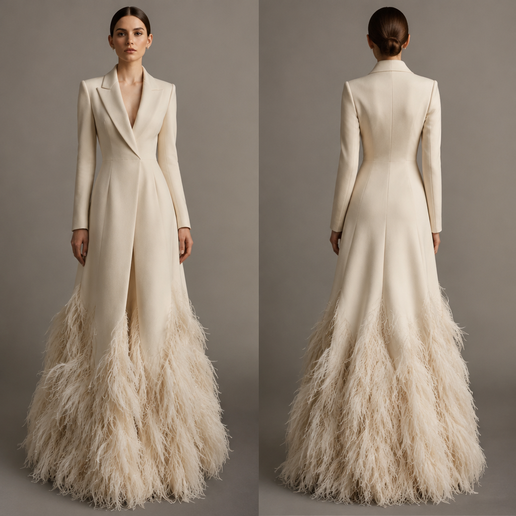 Coat dress in couture feather details at the bottom flare bottom and chick top
photorealistic fashion design, Coat dress in couture feather details at the bottom flare bottom and chick top, minimalist style, just the design no text, show front and back