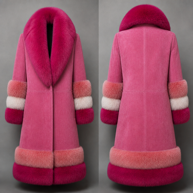 Change the color to pink suede same as the pink fur and leave the rest of the coat the same
edit the attached fashion design with these instructions: Change the color to pink suede same as the pink fur and leave the rest of the coat the same. keep it photorealistic, just the design no text