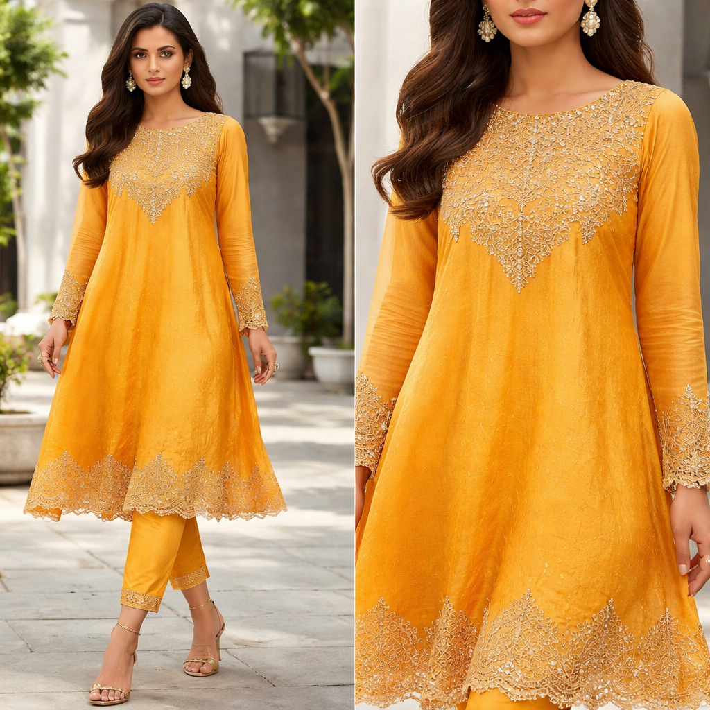 #FFAE42 color tissue silk suit for women with Dana cut work on the shirt. Silk lining under shirt and length should be above calves. The pants should be of silk and capri style. The sleeves should be long.
#FFAE42 color tissue silk suit for women with Dana cut work on the shirt. Silk lining under shirt and length should be above calves. The pants should be of silk and capri style. The sleeves should be long.