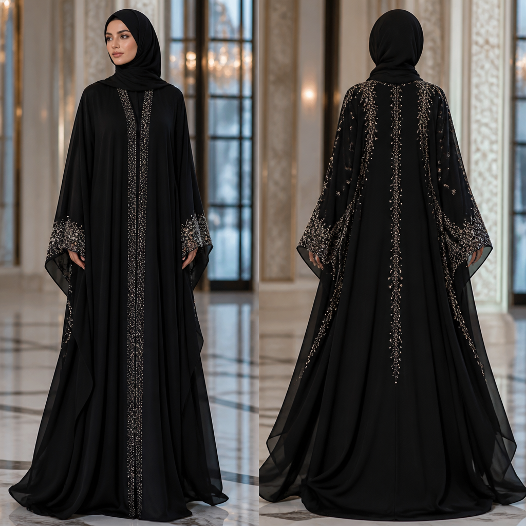 7. Luxury black wedding abaya with elegant silver crystal details on the sleeves and cuffs, premium matte fabric, flowing silhouette, wide sleeves, sophisticated high-end couture style, front and back view.
photorealistic fashion design, 7. Luxury black wedding abaya with elegant silver crystal details on the sleeves and cuffs, premium matte fabric, flowing silhouette, wide sleeves, sophisticated high-end couture style, front and back view., just the design no text, show front and back
