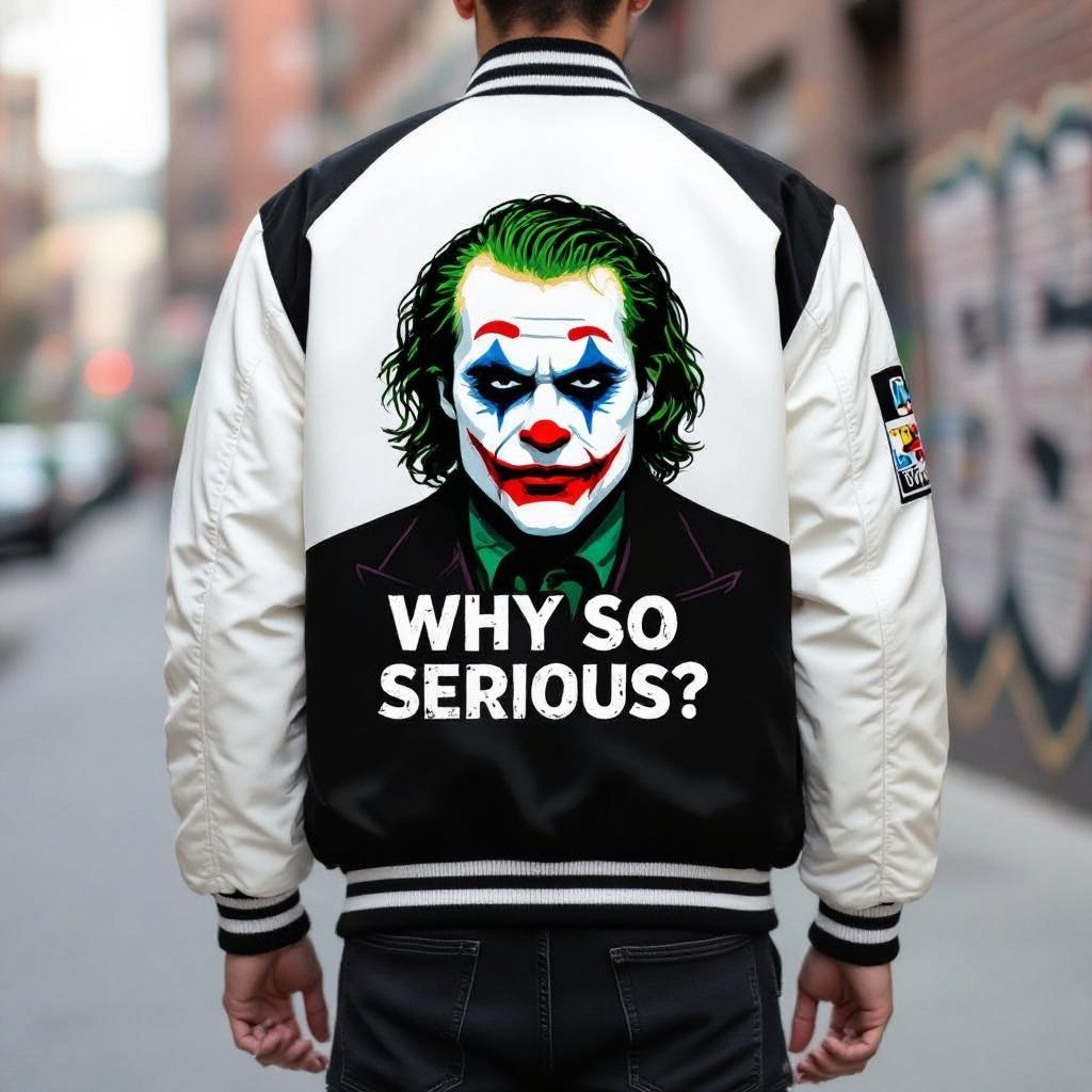 School Black and white baseball jacket for matric 2026 wthi the joker face on the back and one of his best quotes
Streetwear fashion: Varsity jacket, black/white, Joker face backprint, "Why so serious?" quote, for 2026.