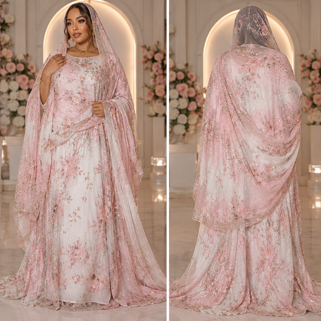 Create a luxurious Somali dirac dress in a soft baby pink and white color combination. The dirac should be very elegant, feminine, and covered in lots of beautiful sparkling glitter. Add delicate baby-pink flowers throughout the fabric, with the flowers also having a subtle glittering effect.
The matching Somali shawl (shaash) should be elegant and heavily sparkling, using a beautiful combination of white and baby pink. Make the entire outfit look glamorous, luxurious, and perfect for a Somali wedding or special celebration. The glitter should catch the light beautifully without making the design look too busy. Keep the overall design soft, classy, romantic, and very elegant.
photorealistic fashion design, Create a luxurious Somali dirac dress in a soft baby pink and white color combination. The dirac should be very elegant, feminine, and covered in lots of beautiful sparkling glitter. Add delicate baby-pink flowers throughout the fabric, with the flowers also having a subtle glittering effect.
The matching Somali shawl (shaash) should be elegant and heavily sparkling, using a beautiful combination of white and baby pink. Make the entire outfit look glamorous, luxurious, and perfect for a Somali wedding or special celebration. The glitter should catch the light beautifully without making the design look too busy. Keep the overall design soft, classy, romantic, and very elegant., middle_eastern style, just the design no text, show front and back